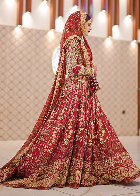 Pakistani Deep Red Embroidered Silk Bridal Lehenga (3-Piece) - Image 7