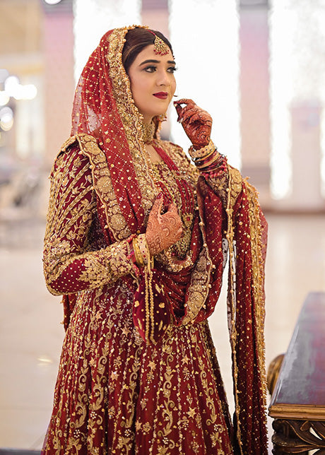 Pakistani Deep Red Embroidered Silk Bridal Lehenga (3-Piece) - Image 8
