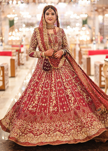 Pakistani Deep Red Embroidered Silk Bridal Lehenga (3-Piece) - Image 9