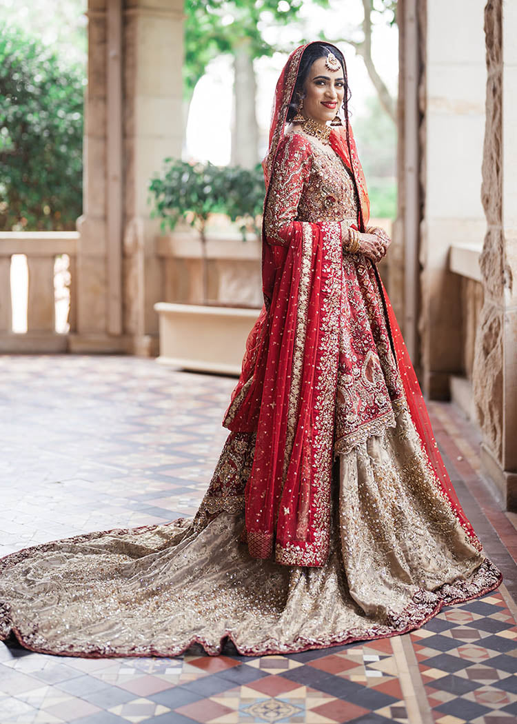 Deep Red Zardozi Silk Blend Bridal Lehenga (3-Piece) - Image 1
