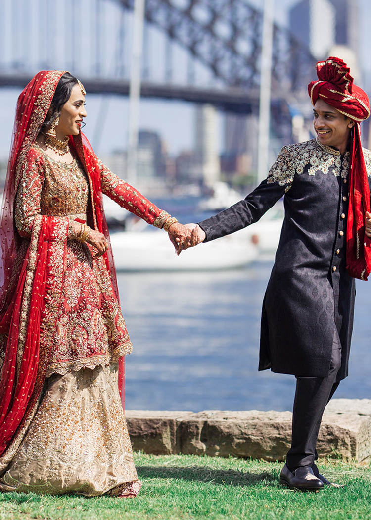 Deep Red Zardozi Silk Blend Bridal Lehenga (3-Piece) - Image 2