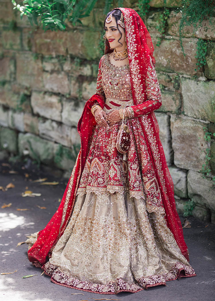 Deep Red Zardozi Silk Blend Bridal Lehenga (3-Piece) - Image 3