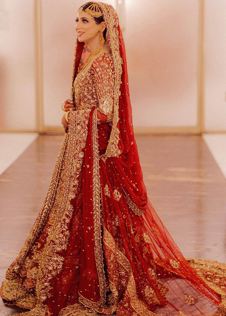 Pakistani Deep Red Zardozi Silk Bridal Lehenga (3-Piece) - Image 1