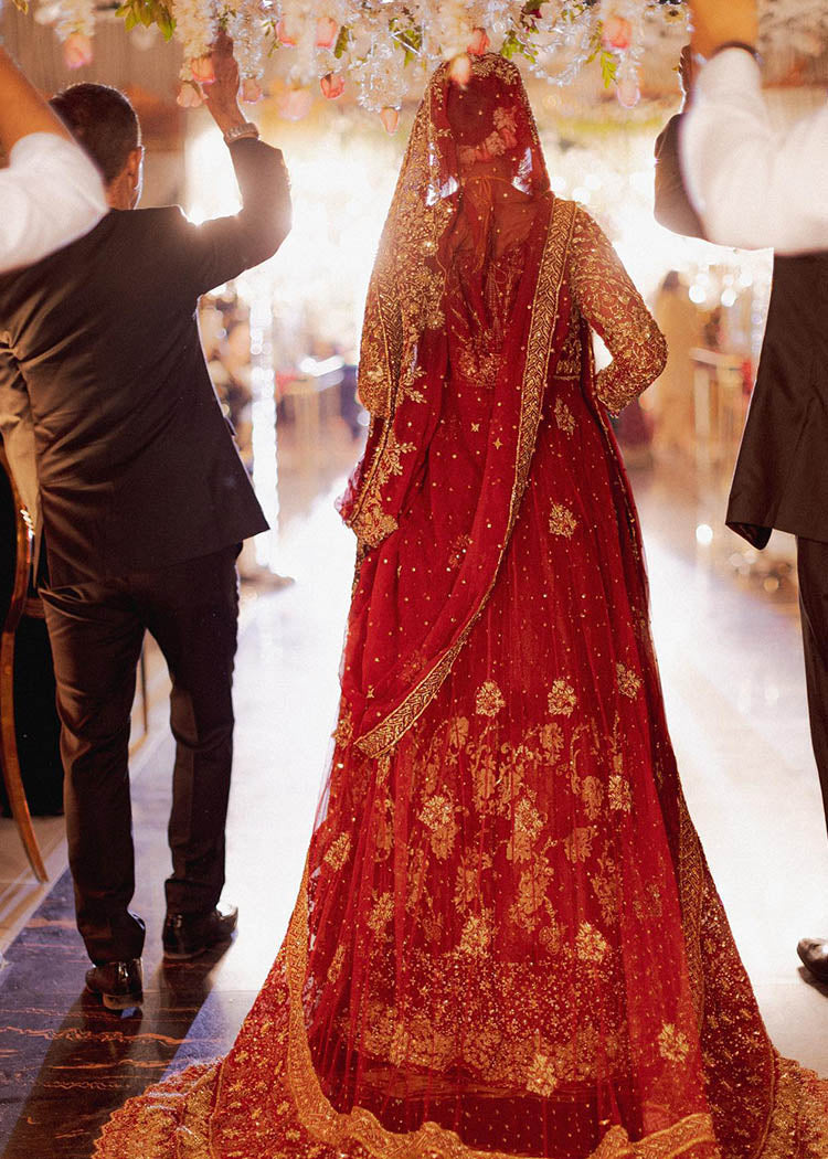 Pakistani Deep Red Zardozi Silk Bridal Lehenga (3-Piece) - Image 3