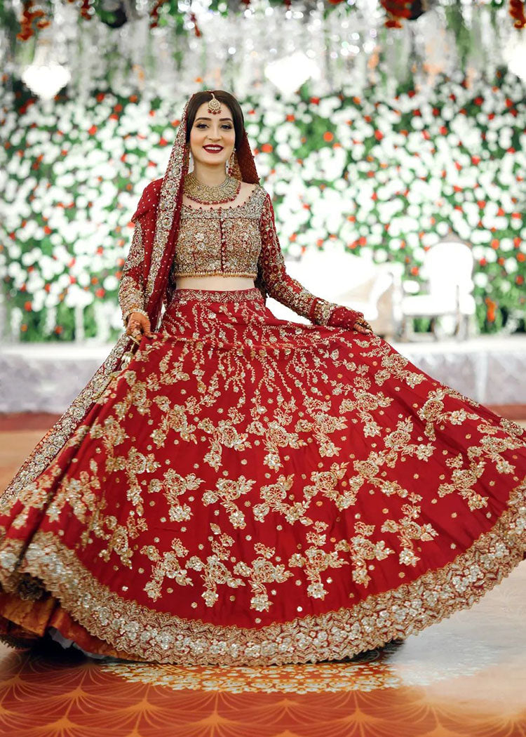 Pakistani Deep Red Zardozi Silk Bridal Lehenga (3-Piece) - Image 1