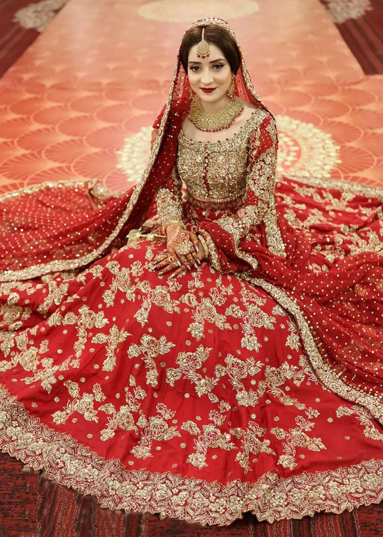 Pakistani Deep Red Zardozi Silk Bridal Lehenga (3-Piece) - Image 2