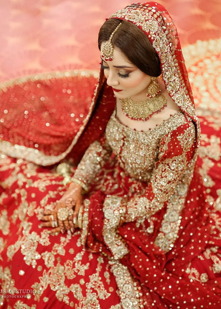Pakistani Deep Red Zardozi Silk Bridal Lehenga (3-Piece) - Image 3