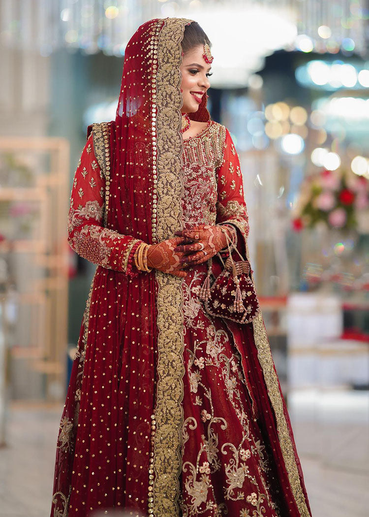 Pakistani Deep Red Zardozi Silk-Blend Bridal Lehenga (3-Piece) - Image 2