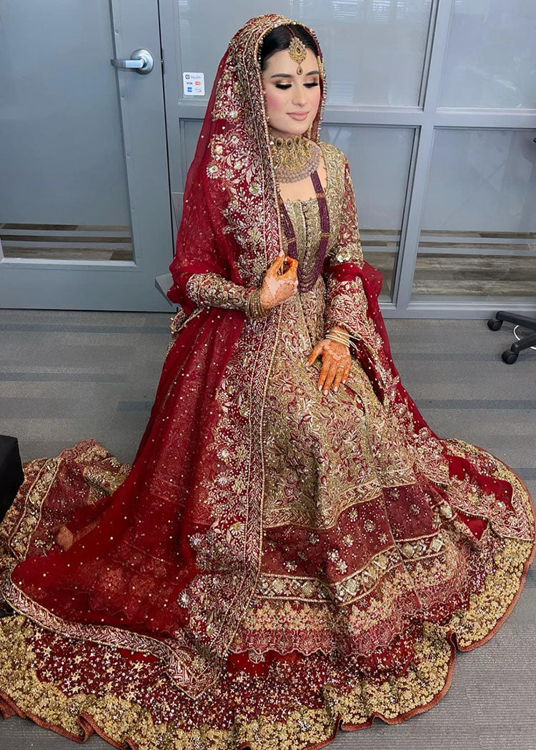 Pakistani Deep Red Zardozi Silk-Blend Bridal Lehenga (3-Piece) - Image 3
