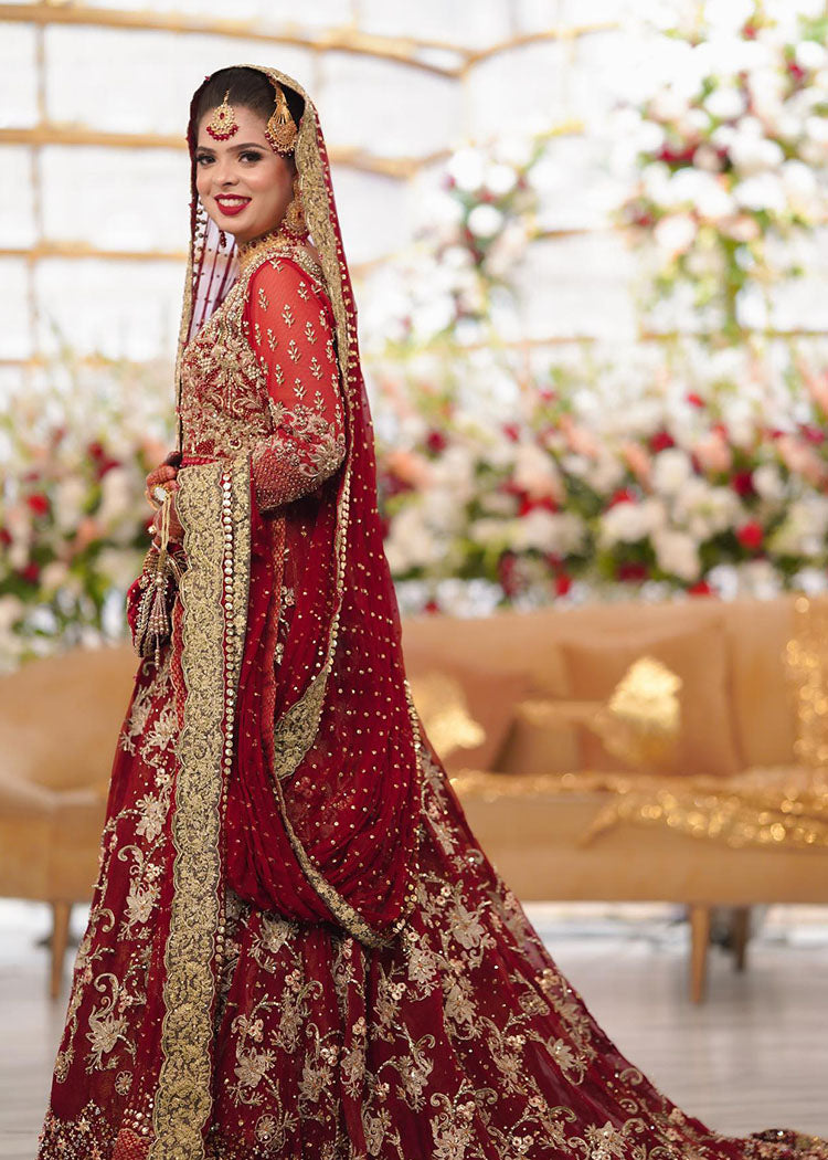 Pakistani Deep Red Zardozi Silk-Blend Bridal Lehenga (3-Piece) - Image 4