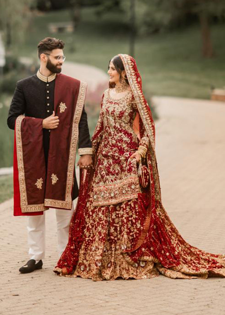 Pakistani Deep Red Embroidered Silk Bridal Lehenga (3-Piece) - Image 1