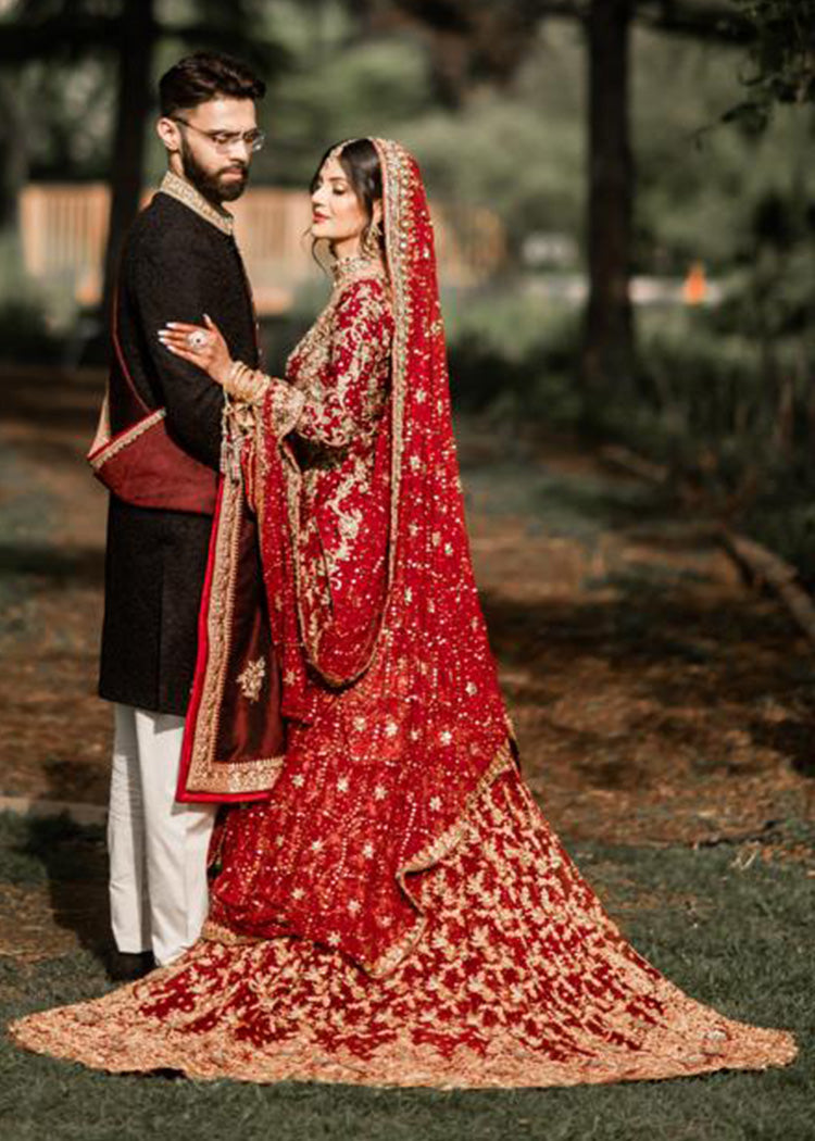 Pakistani Deep Red Embroidered Silk Bridal Lehenga (3-Piece) - Image 2