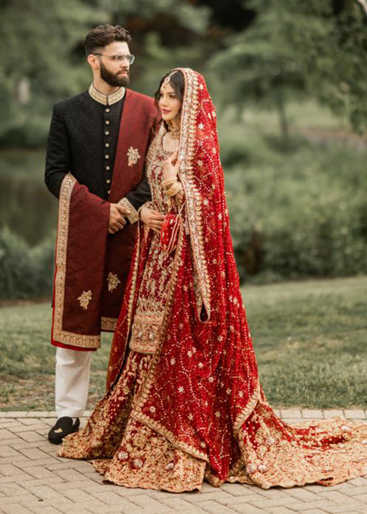 Pakistani Deep Red Embroidered Silk Bridal Lehenga (3-Piece) - Image 3