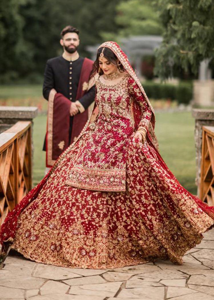 Pakistani Deep Red Embroidered Silk Bridal Lehenga (3-Piece) - Image 6
