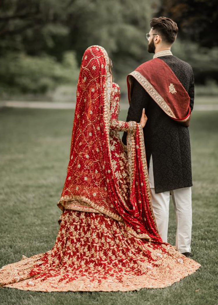 Pakistani Deep Red Embroidered Silk Bridal Lehenga (3-Piece) - Image 7