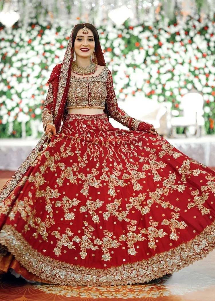 Deep Red Zardozi Silk Bridal Lehenga (3-Piece) - Image 1