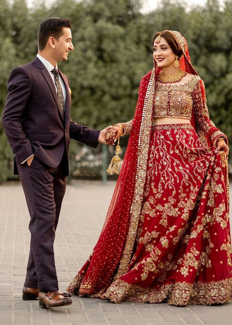 Deep Red Zardozi Silk Bridal Lehenga (3-Piece) - Image 3