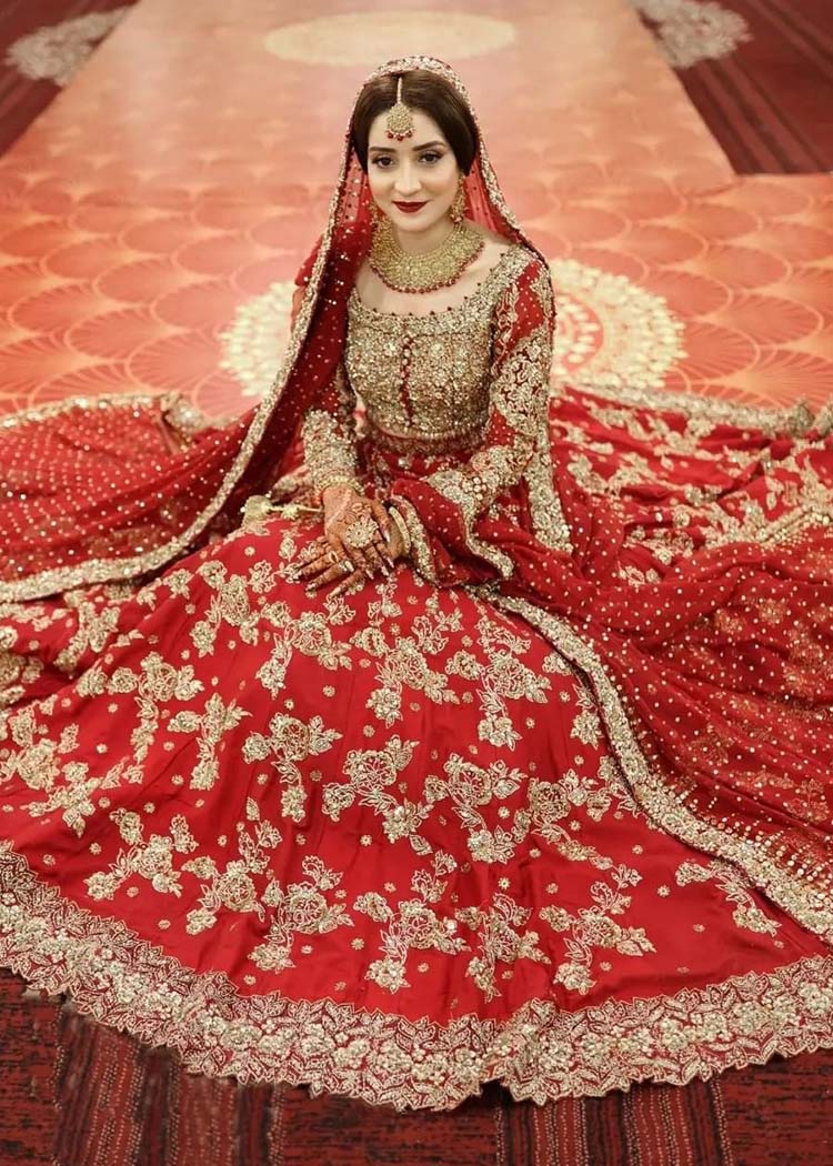 Deep Red Zardozi Silk Bridal Lehenga (3-Piece) - Image 6