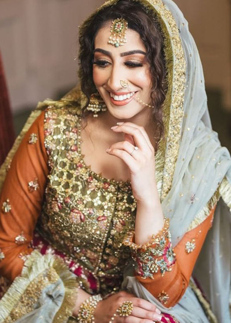 Deep Red Olive Hand-Embroidered Silk Bridal Lehenga (3-Piece) - Image 3