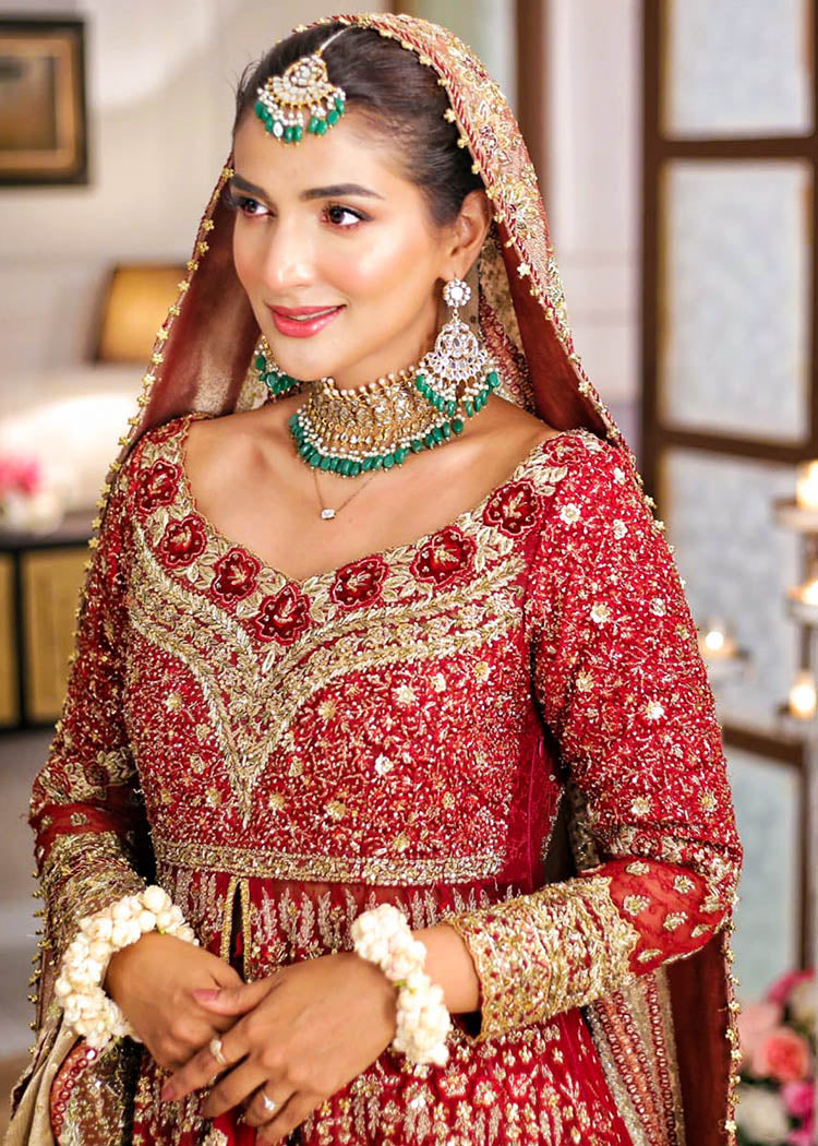 Deep Red Embellished Silk Bridal Lehenga (3-Piece) - Image 2