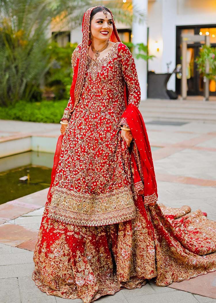 Pakistani Crimson Red Embroidered Silk Bridal Lehenga (3-Piece) - Image 1