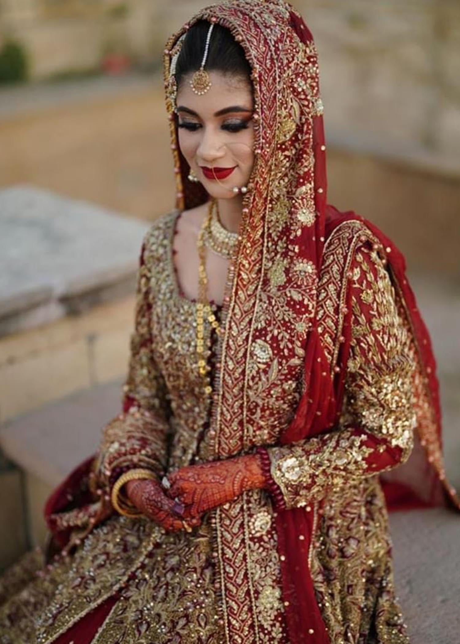 Pakistani Deep Red Embroidered Silk Bridal Lehenga (3-Piece) - Image 2