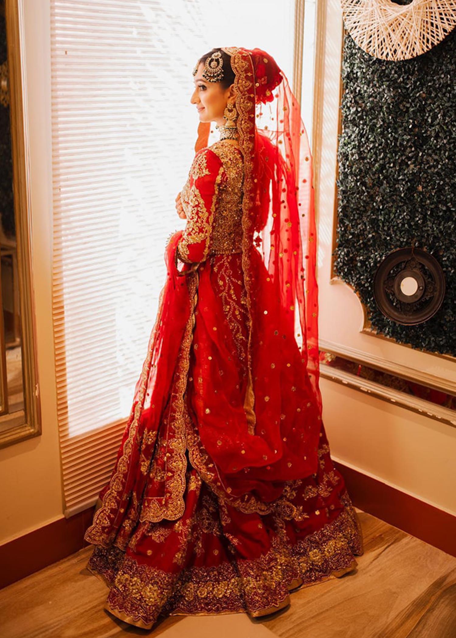 Pakistani Crimson Red Embellished Silk Bridal Lehenga (3-Piece) - Image 4