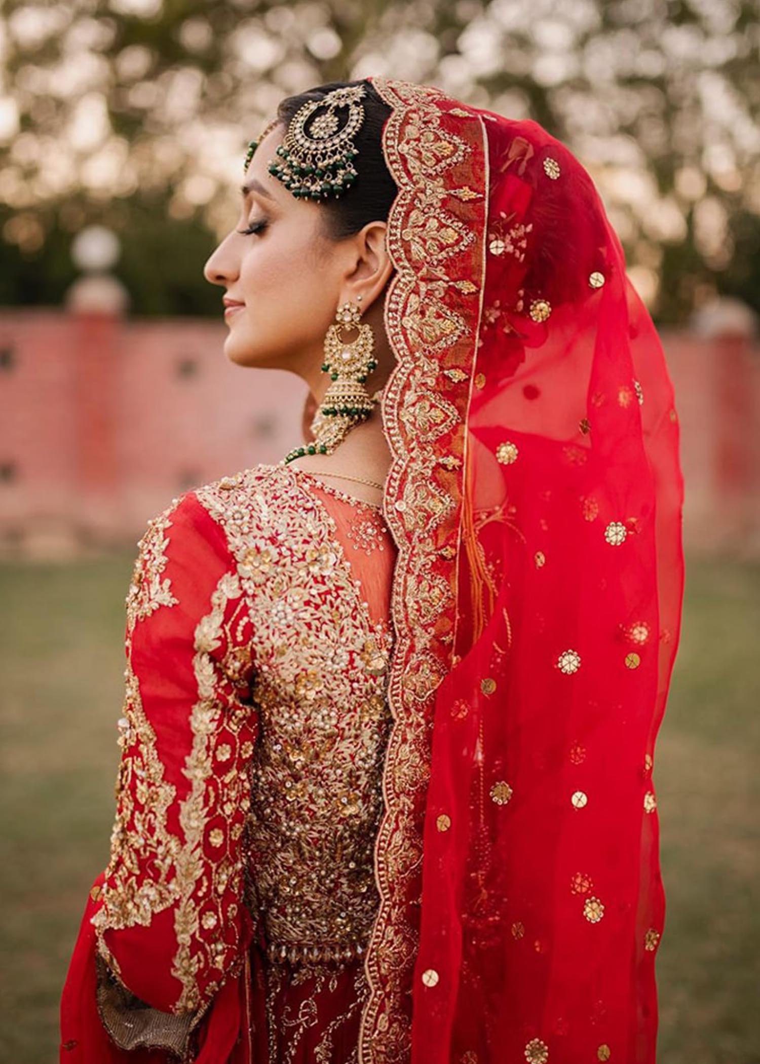 Pakistani Crimson Red Embellished Silk Bridal Lehenga (3-Piece) - Image 6