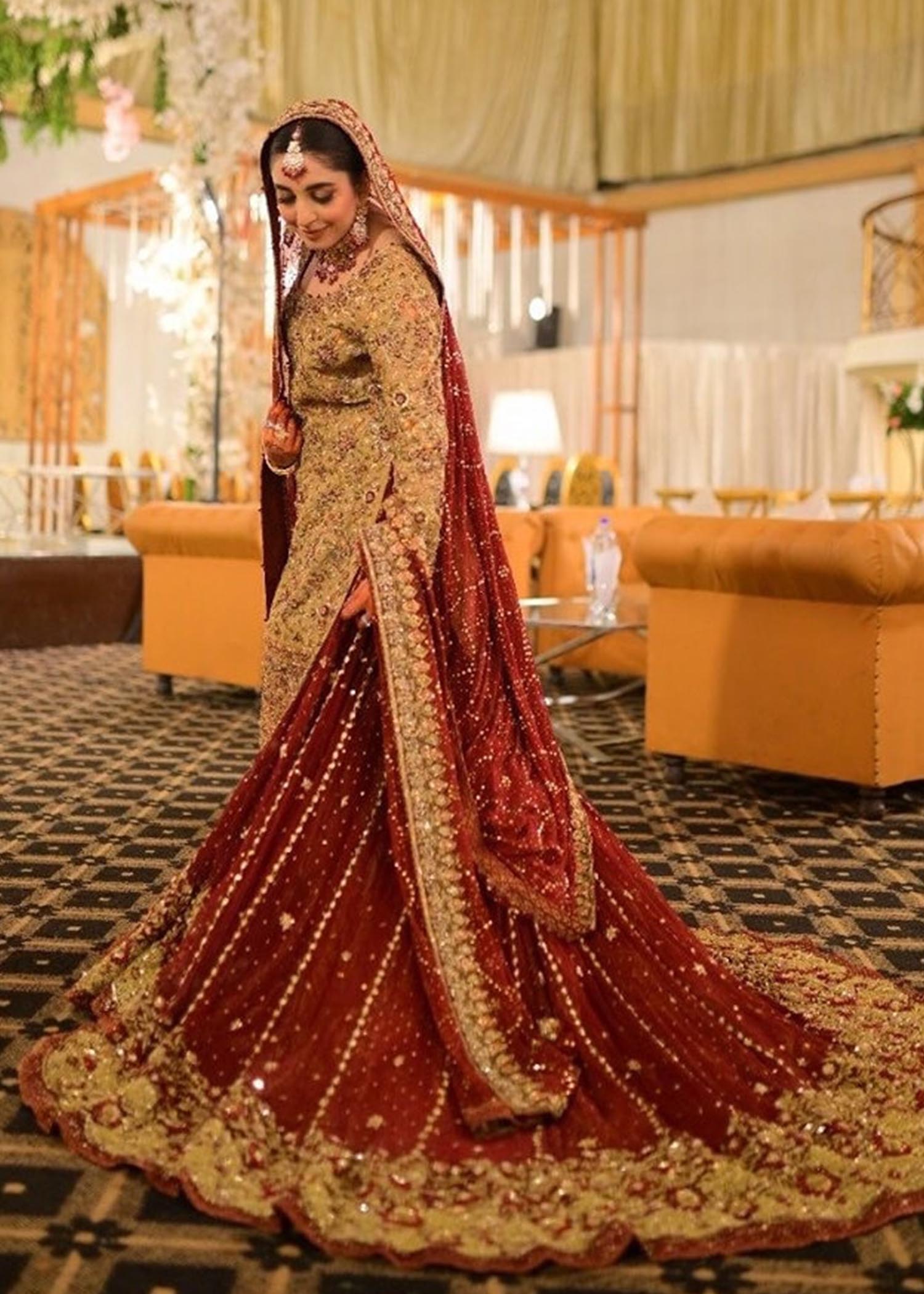 Deep Red Gold Embroidered Silk Velvet Lehenga (3-Piece) - Image 1