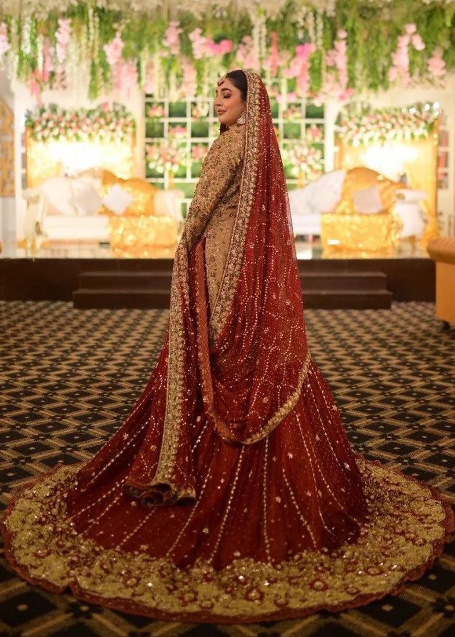 Deep Red Gold Embroidered Silk Velvet Lehenga (3-Piece) - Image 2