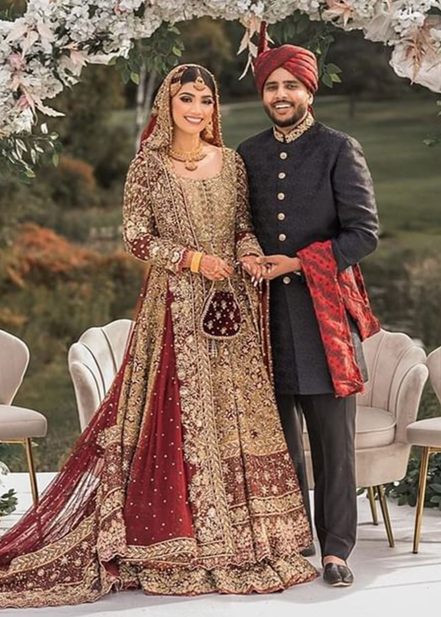 Pakistani Deep Red Gold Zardozi Silk Bridal Lehenga (3-Piece) - Image 1