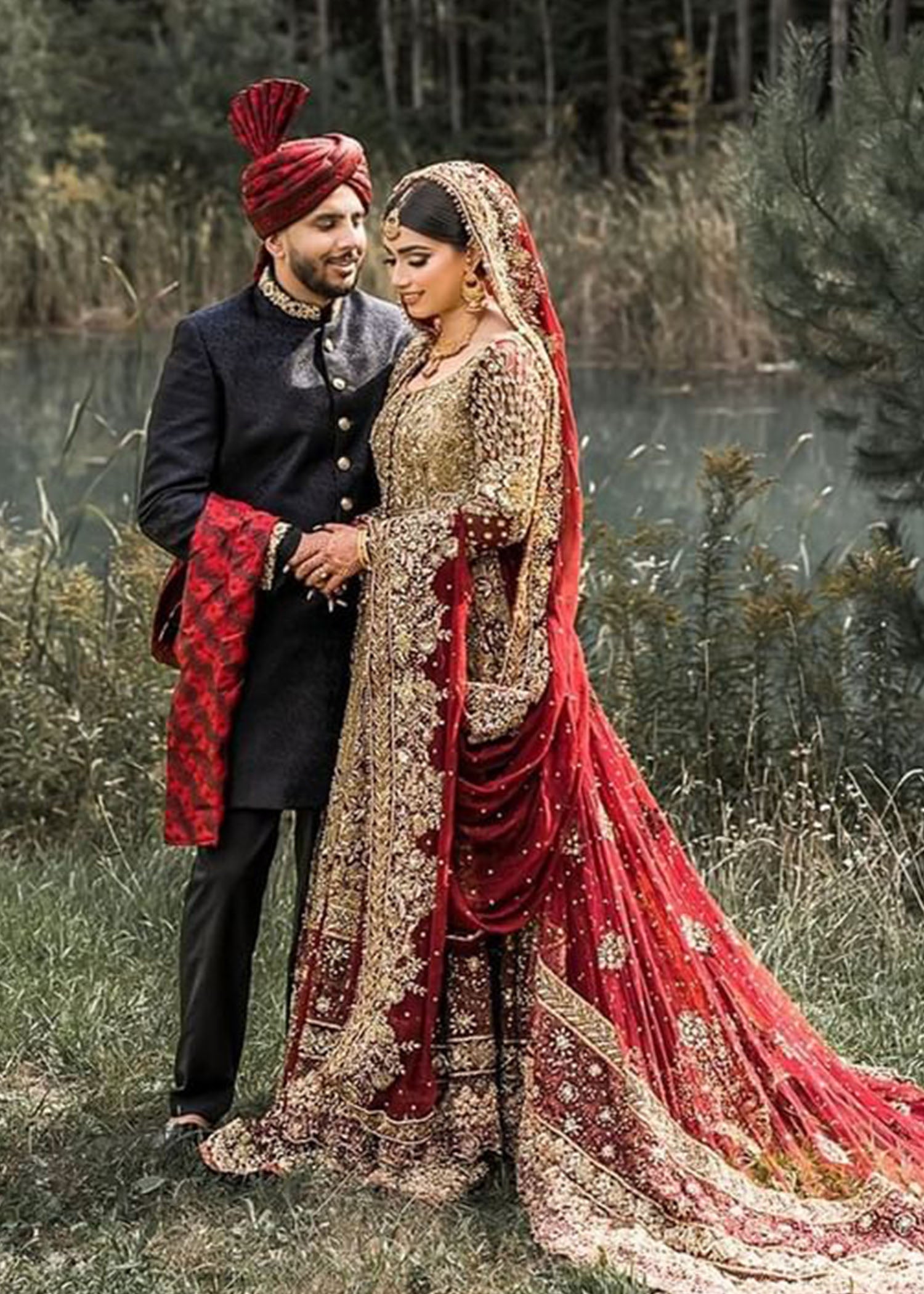 Pakistani Deep Red Gold Zardozi Silk Bridal Lehenga (3-Piece) - Image 2