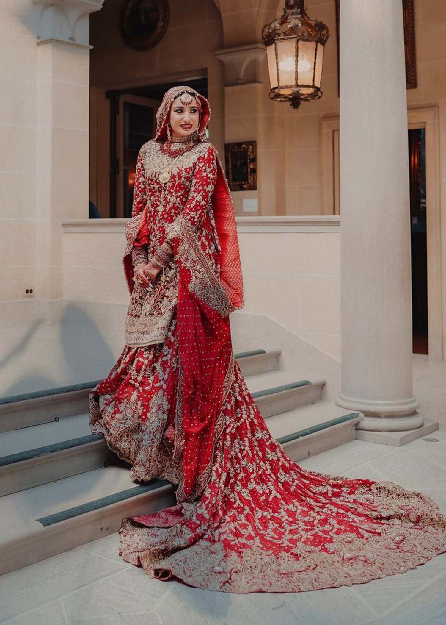 Pakistani Deep Red Zardozi Silk Bridal Lehenga (3-Piece) - Image 1