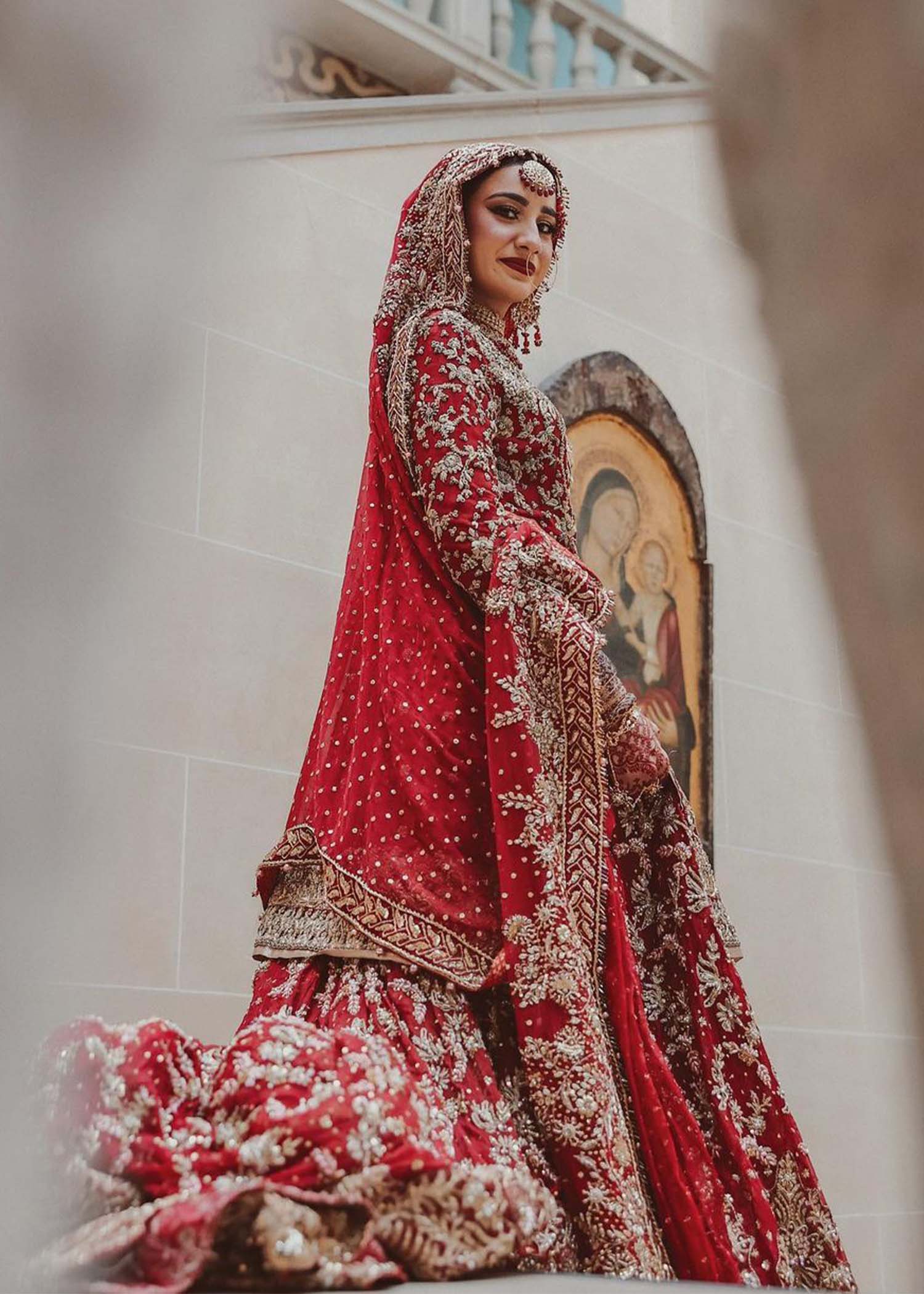 Pakistani Deep Red Zardozi Silk Bridal Lehenga (3-Piece) - Image 10