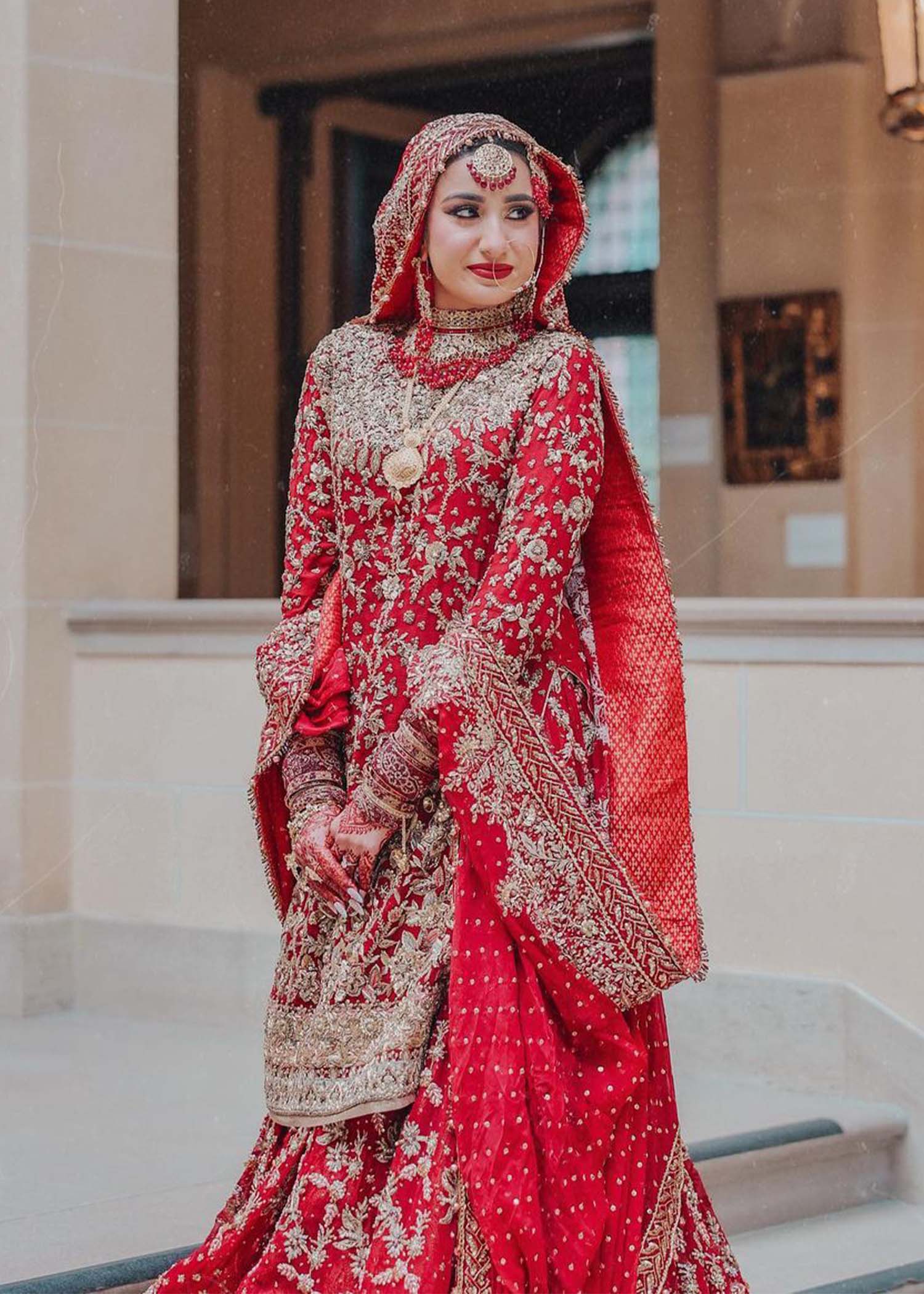 Pakistani Deep Red Zardozi Silk Bridal Lehenga (3-Piece) - Image 11