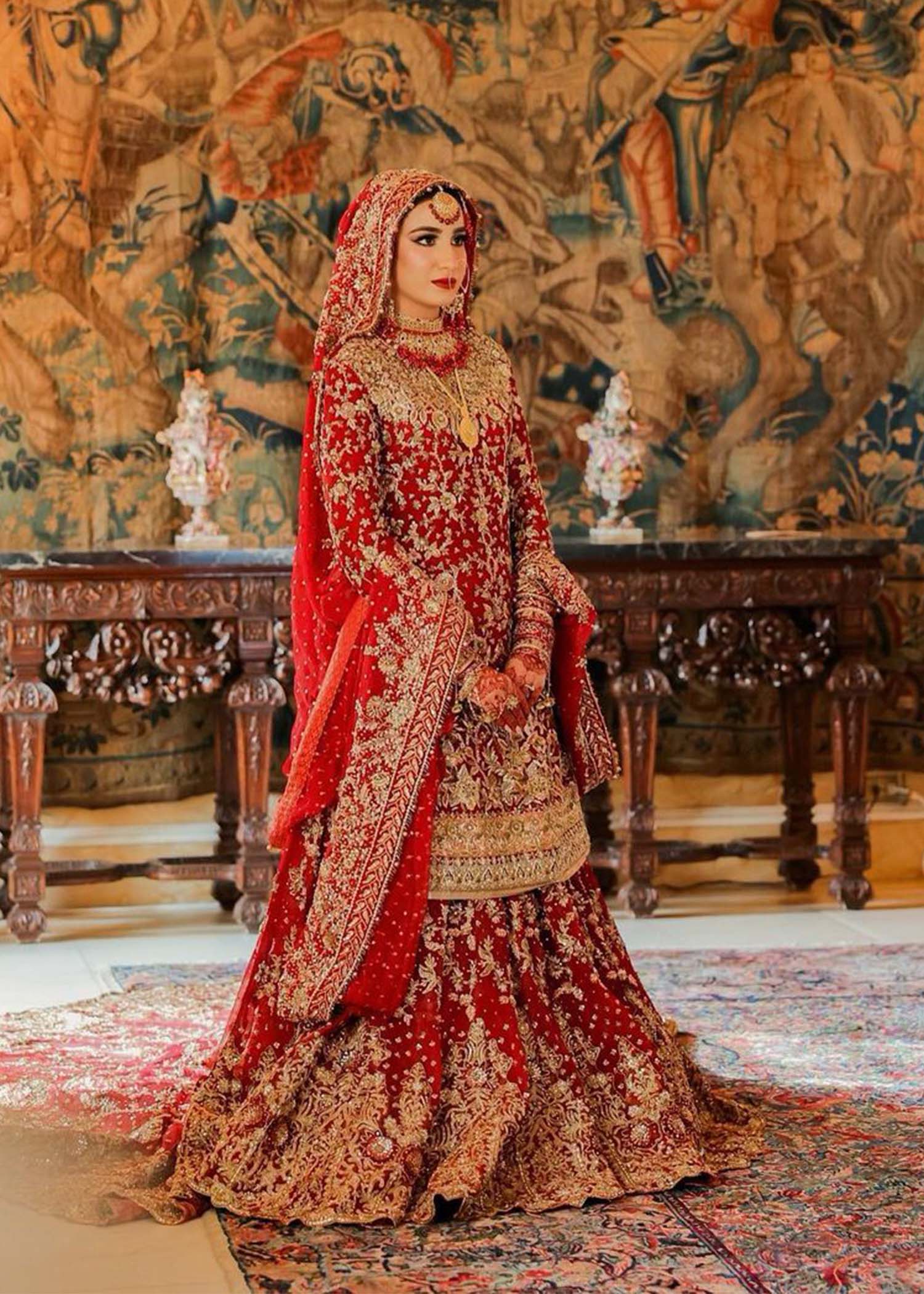 Pakistani Deep Red Zardozi Silk Bridal Lehenga (3-Piece) - Image 2