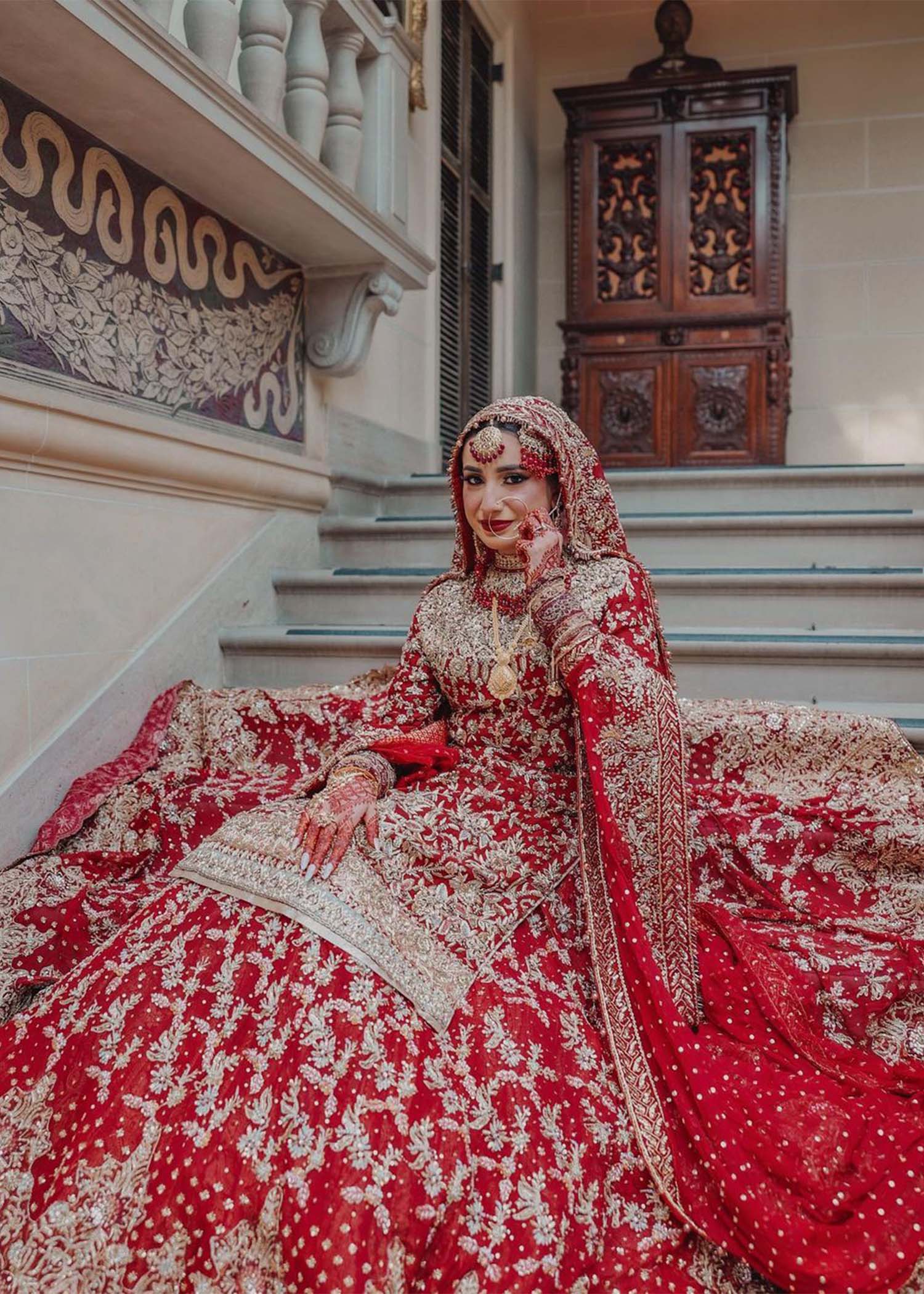 Pakistani Deep Red Zardozi Silk Bridal Lehenga (3-Piece) - Image 4
