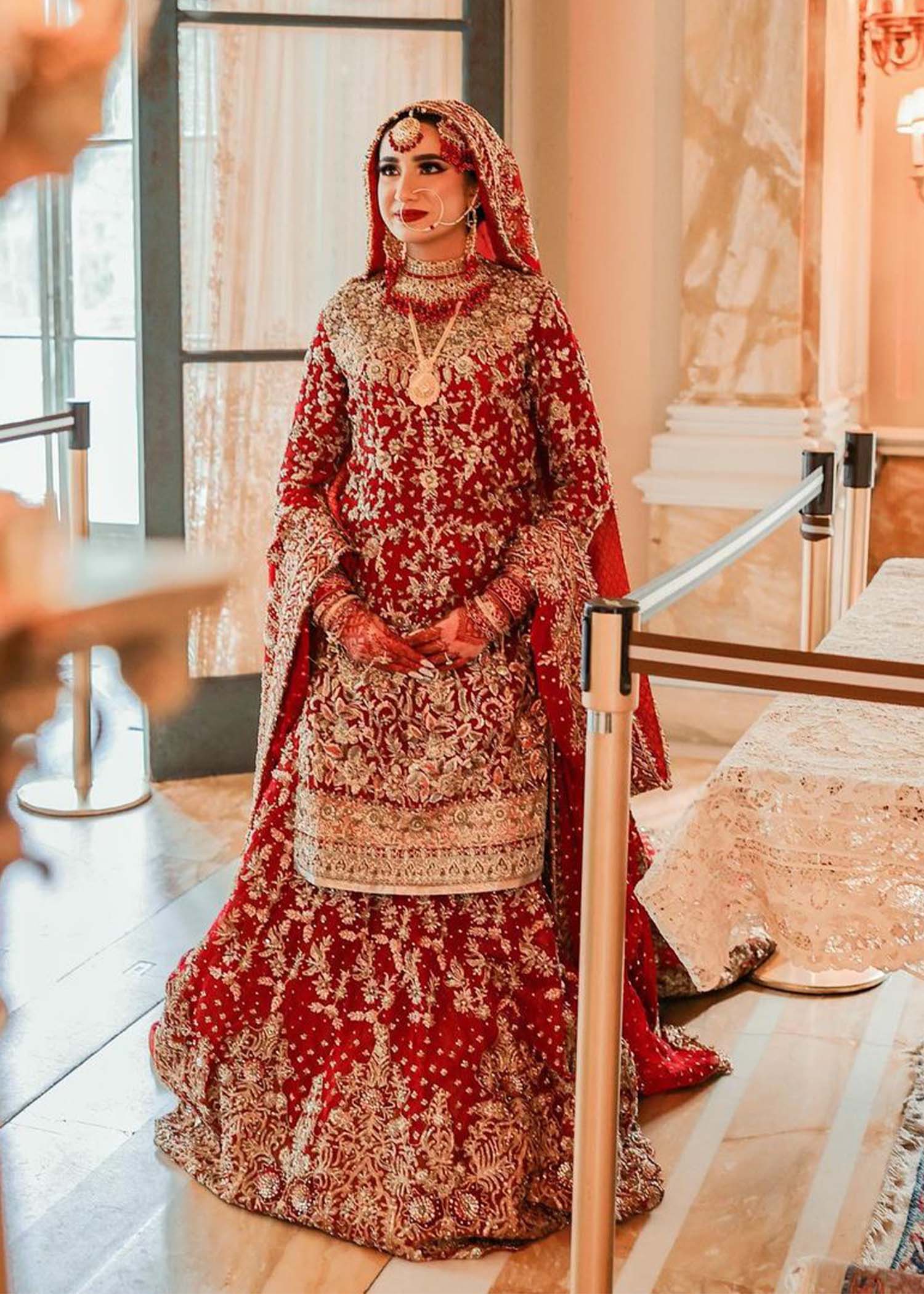 Pakistani Deep Red Zardozi Silk Bridal Lehenga (3-Piece) - Image 5