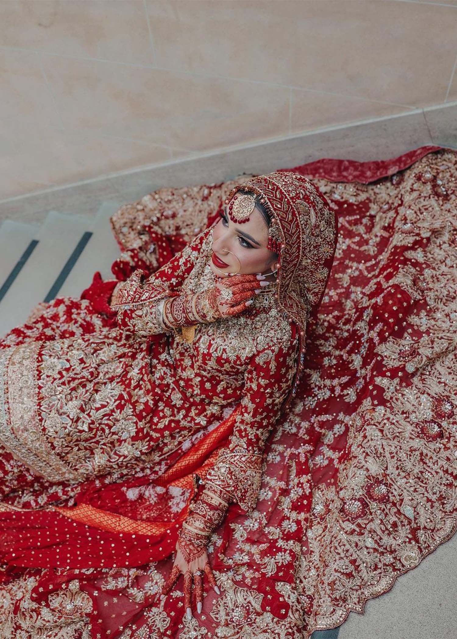 Pakistani Deep Red Zardozi Silk Bridal Lehenga (3-Piece) - Image 9