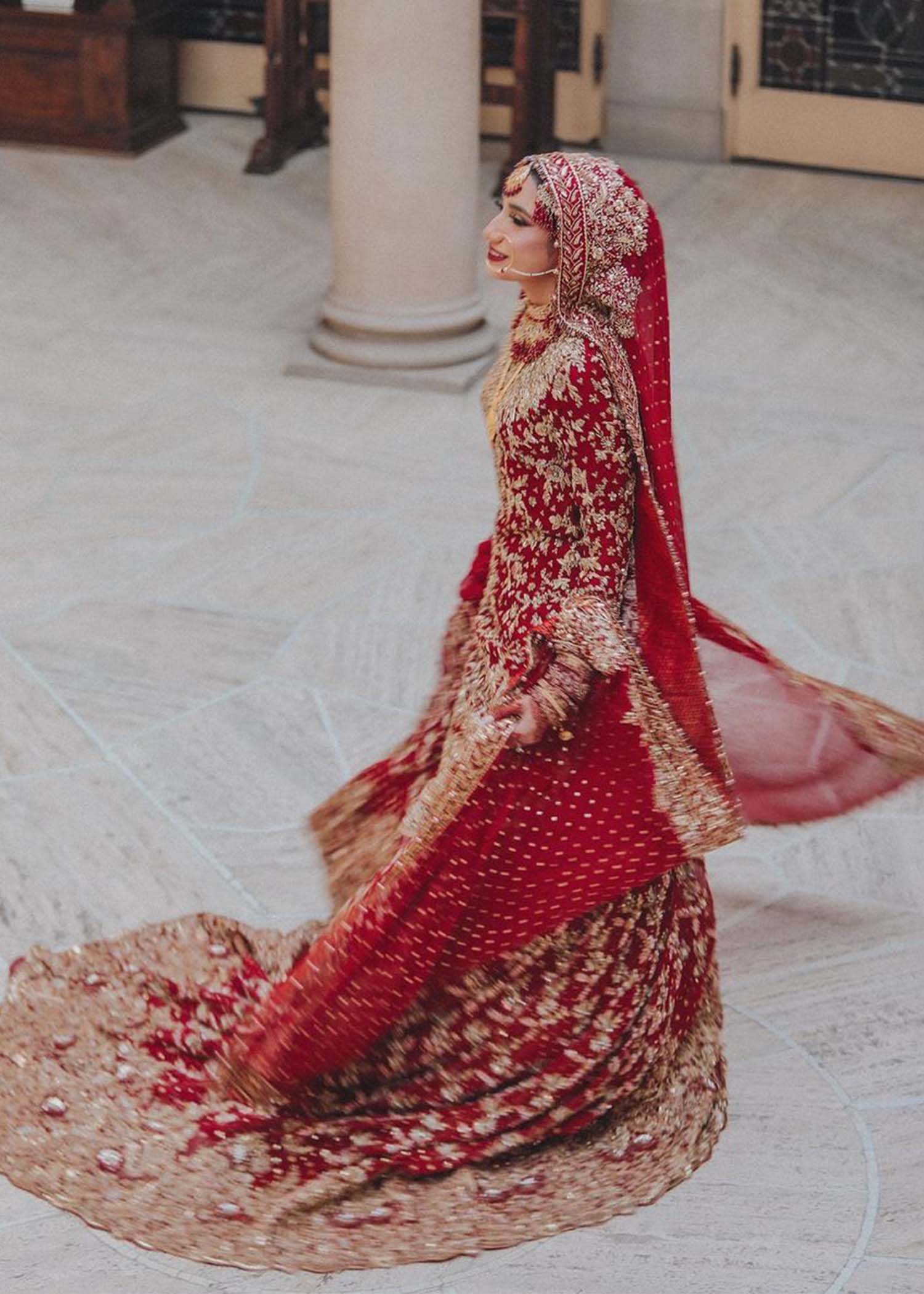 Deep Red Embroidered Silk Bridal Lehenga (3-Piece) - Image 3