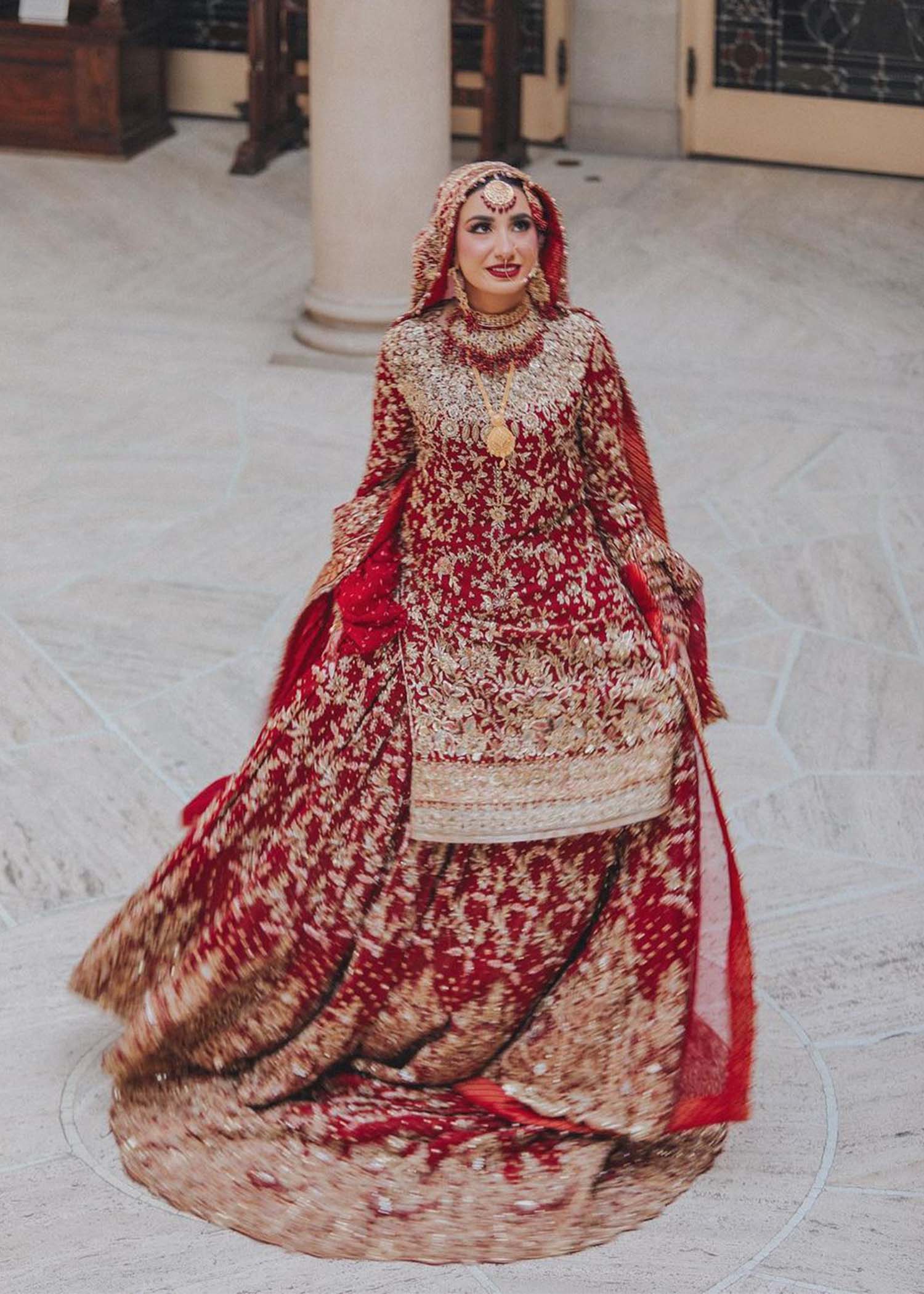 Deep Red Embroidered Silk Bridal Lehenga (3-Piece) - Image 5