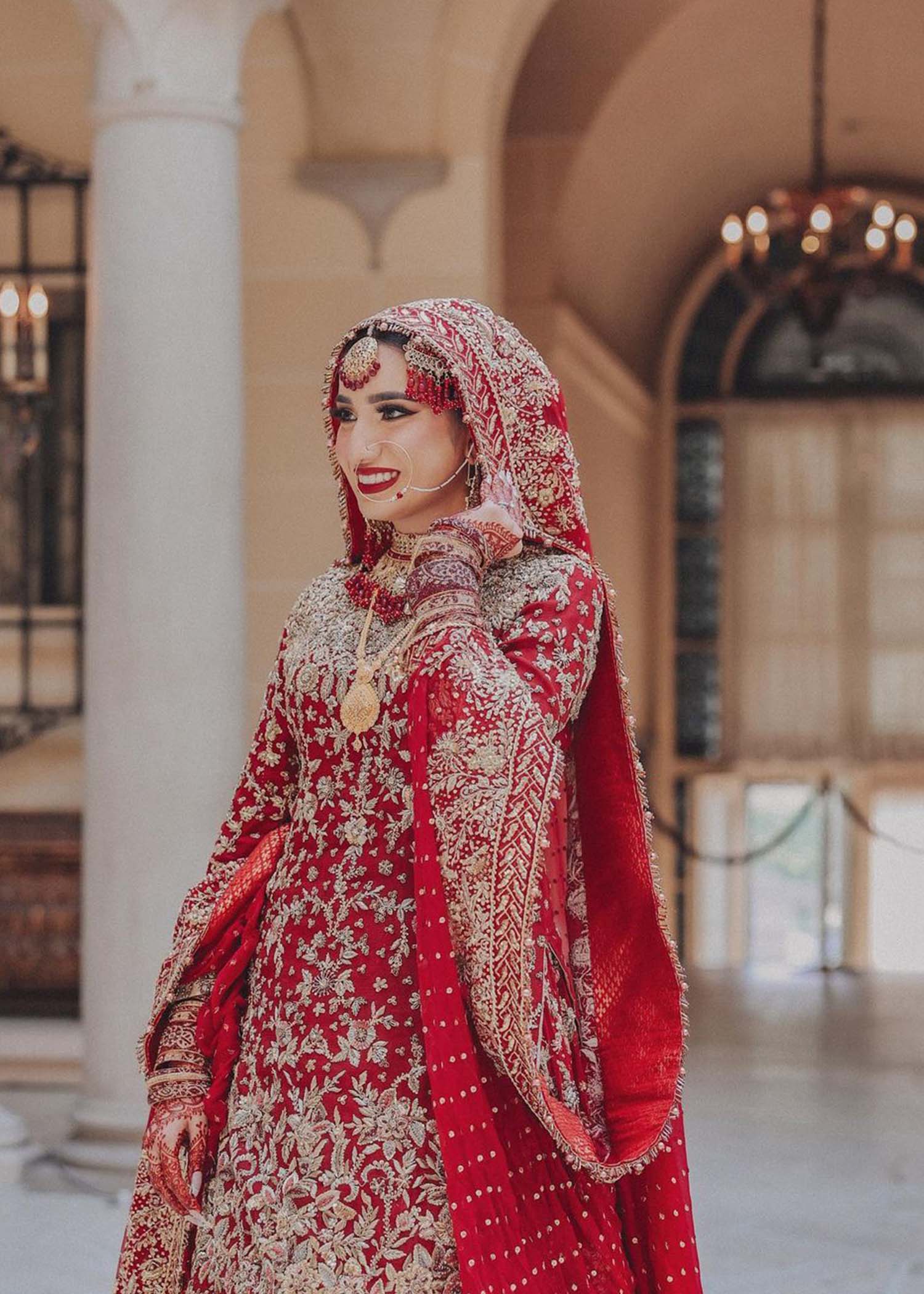 Deep Red Embroidered Silk Bridal Lehenga (3-Piece) - Image 6