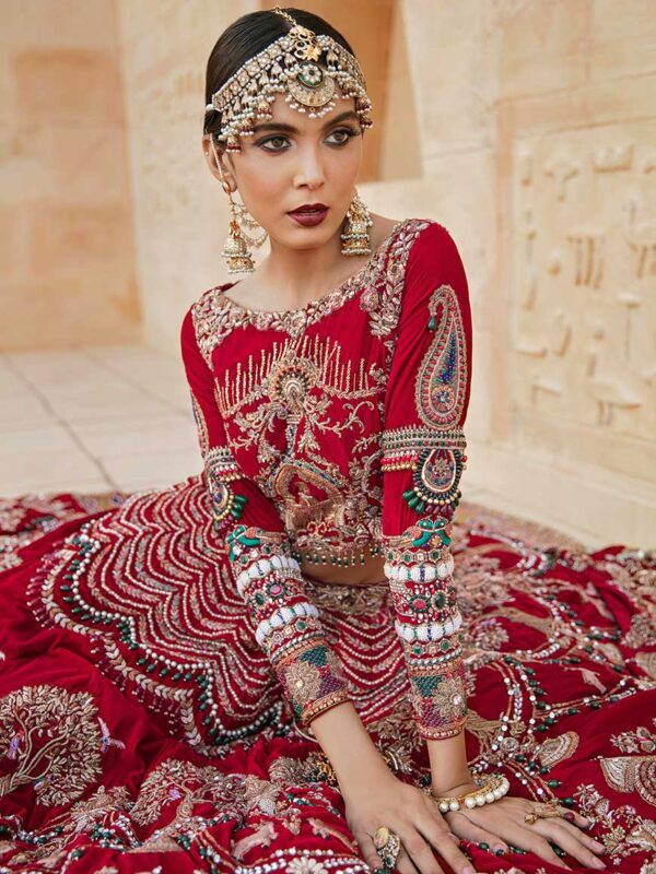 Pakistani Deep Scarlet Embellished Silk Bridal Lehenga (3-Piece) - Image 1