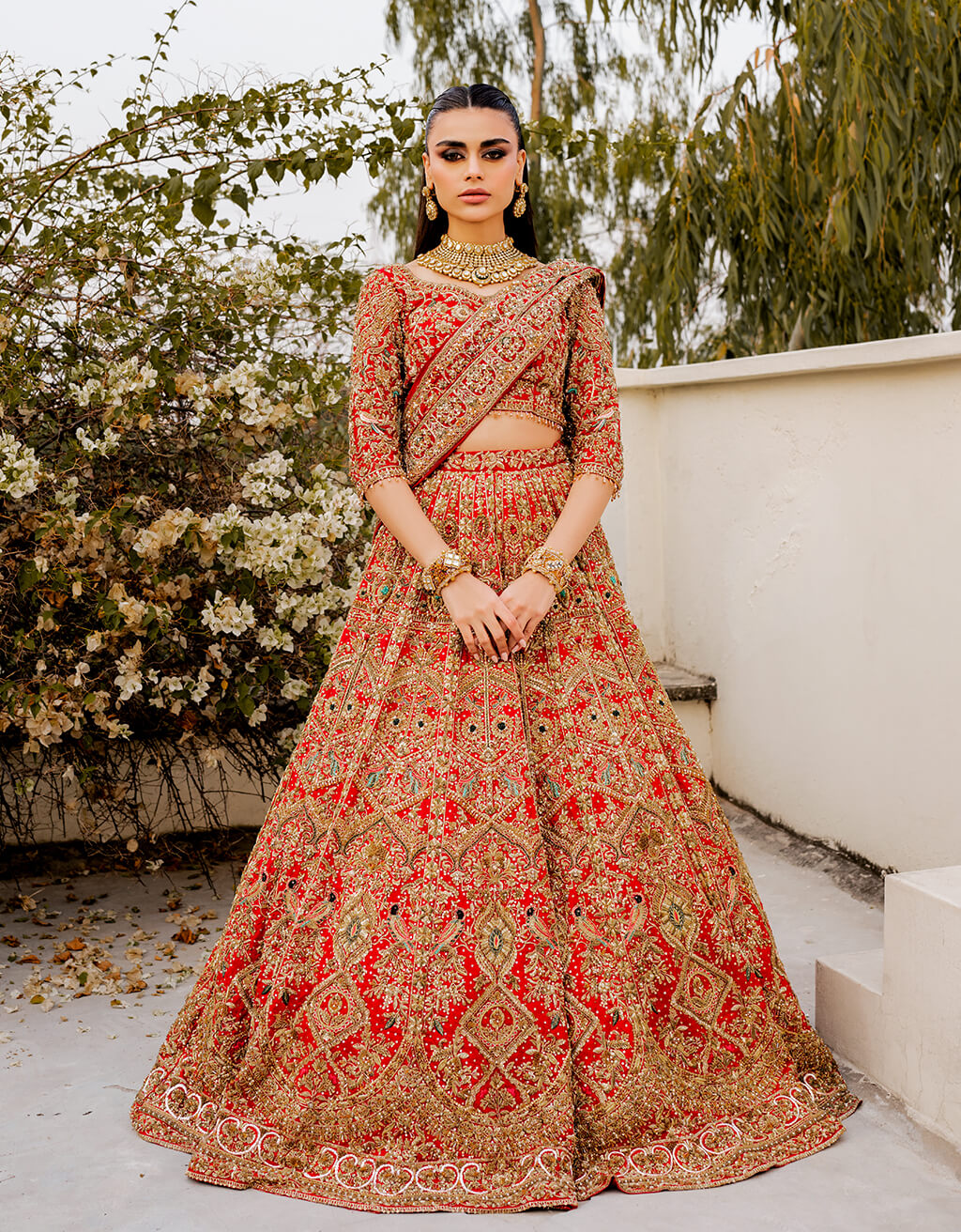 Deep Red Zardozi Silk Bridal Lehenga (3-Piece) - Image 1