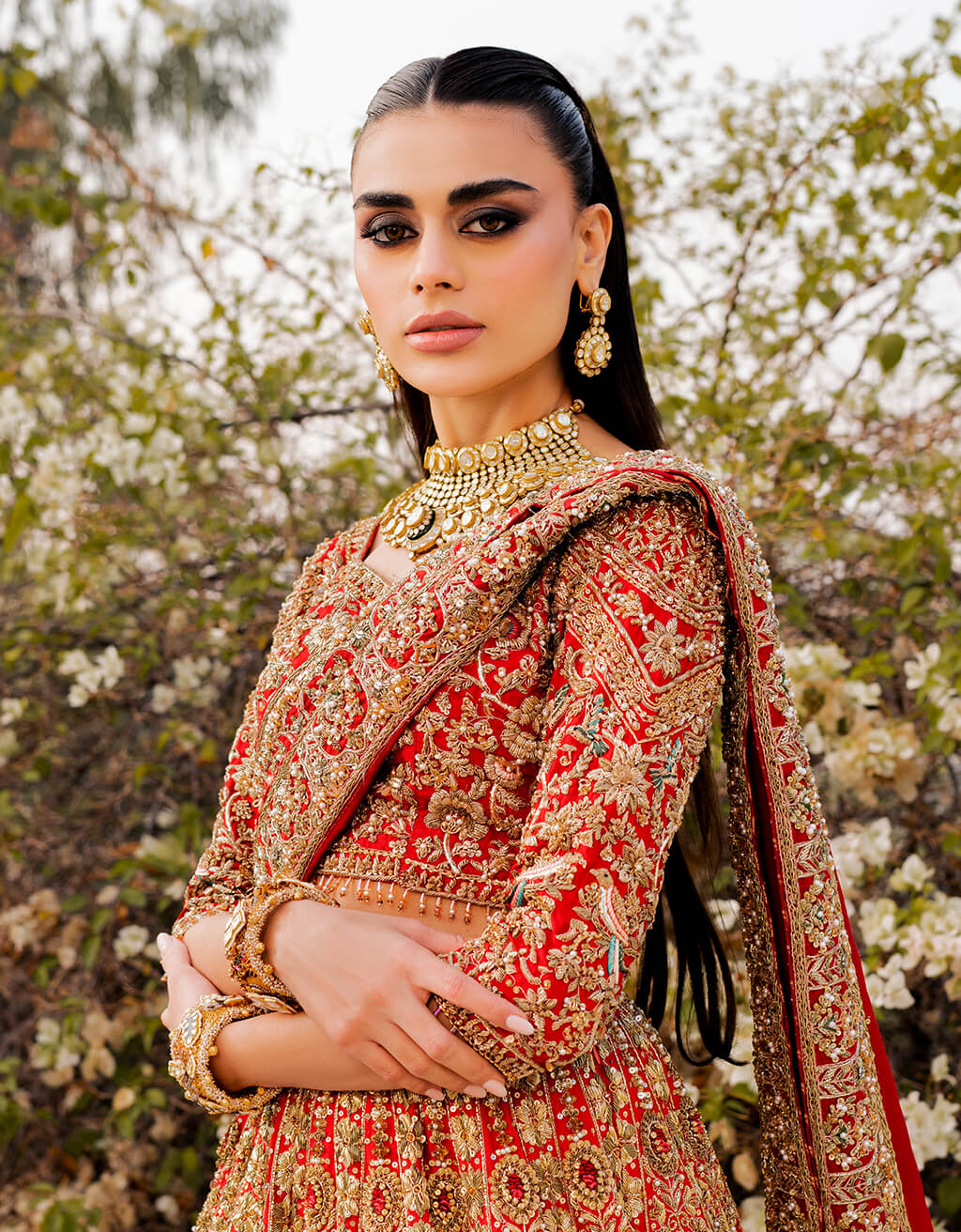 Deep Red Zardozi Silk Bridal Lehenga (3-Piece) - Image 2