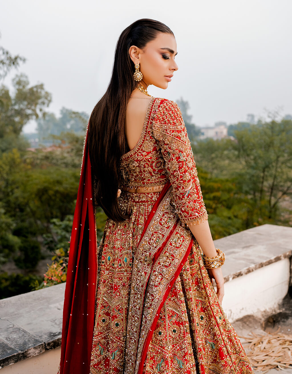 Deep Red Zardozi Silk Bridal Lehenga (3-Piece) - Image 3