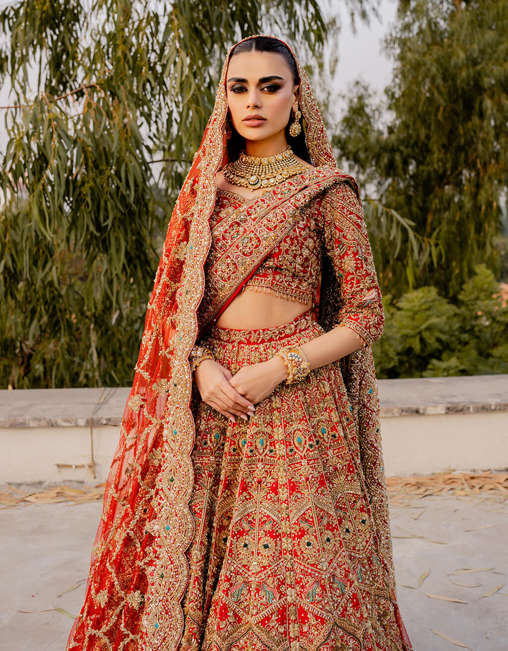 Deep Red Zardozi Silk Bridal Lehenga (3-Piece) - Image 5