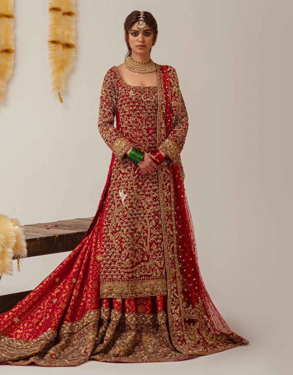 Pakistani Deep Red Embellished Silk Bridal Lehenga (3-Piece) - Image 1