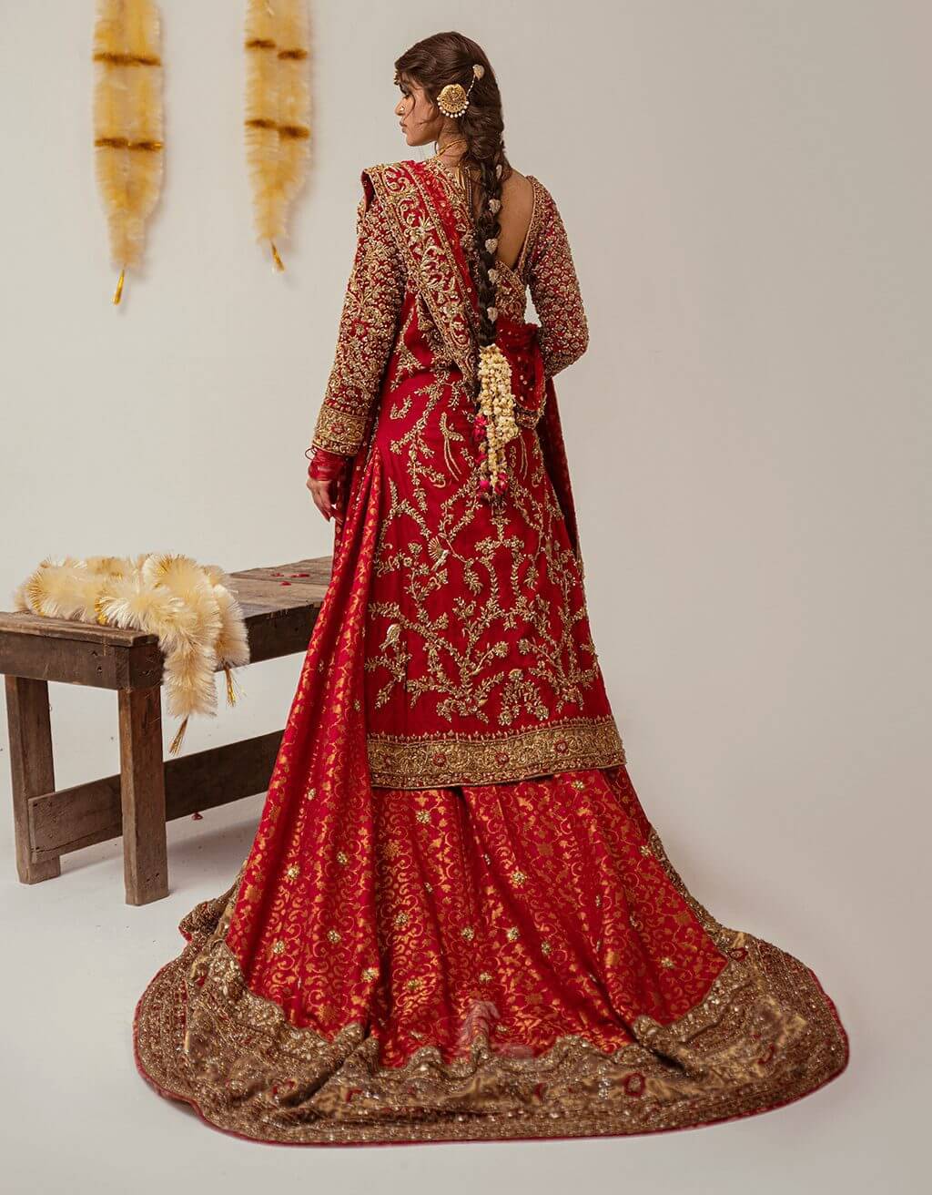 Pakistani Deep Red Embellished Silk Bridal Lehenga (3-Piece) - Image 4