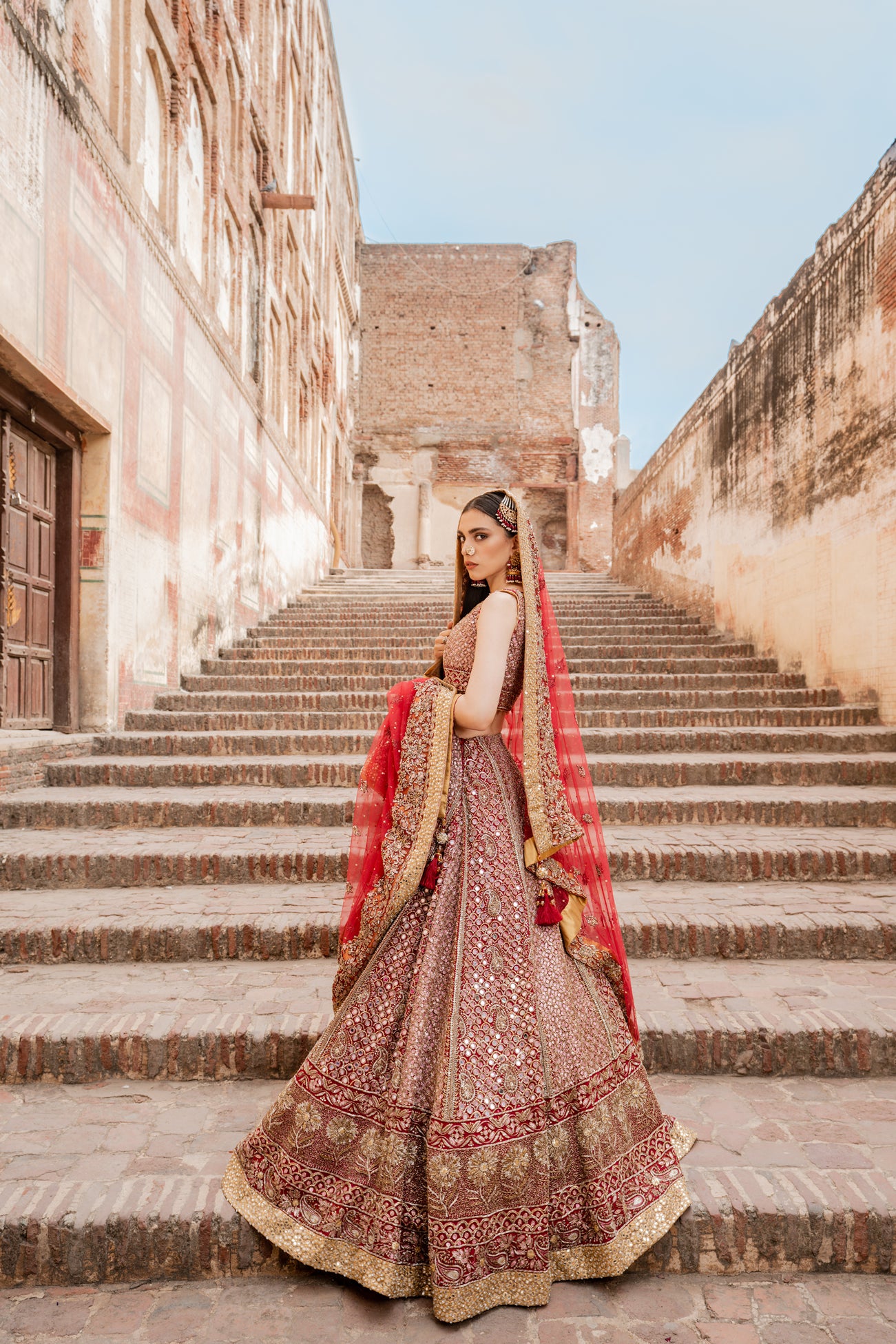 Pakistani Deep Red Gold Embroidered Silk Bridal Lehenga (3-Piece) - Image 4